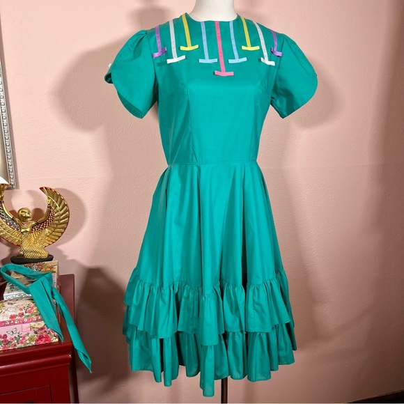 Vintage Dresses & Skirts - Vintage Cottagecore Full Skirt Ribbon detail green teal Party Dress Country Sm